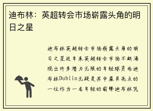 迪布林：英超转会市场崭露头角的明日之星