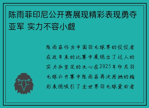 陈雨菲印尼公开赛展现精彩表现勇夺亚军 实力不容小觑