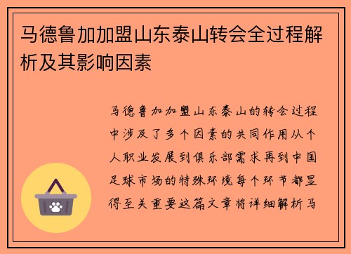马德鲁加加盟山东泰山转会全过程解析及其影响因素